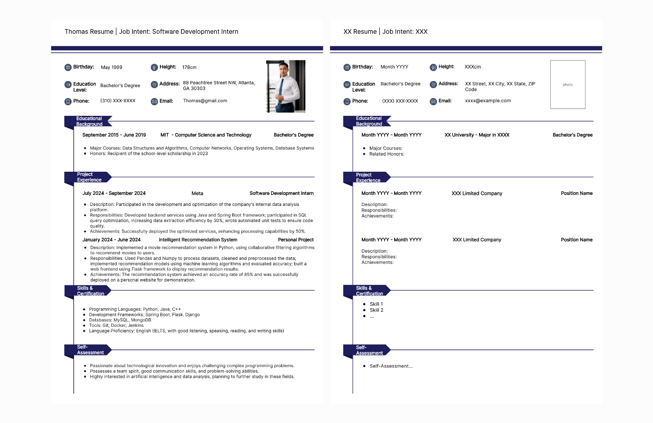 Personal Resume for Intern